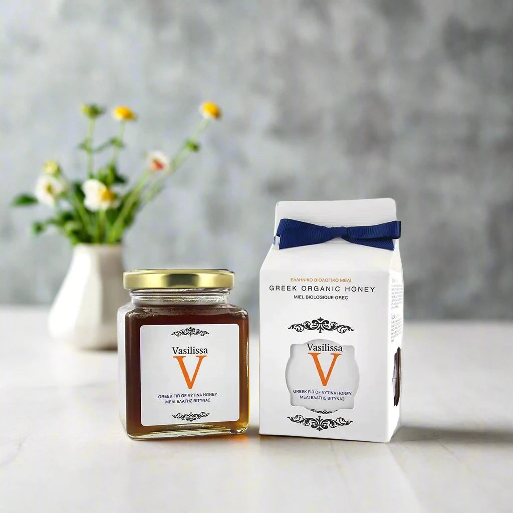 Biologische dennenhoning met vanille van Vityna, Griekenland 250g Vasilissa (vloeibaar)