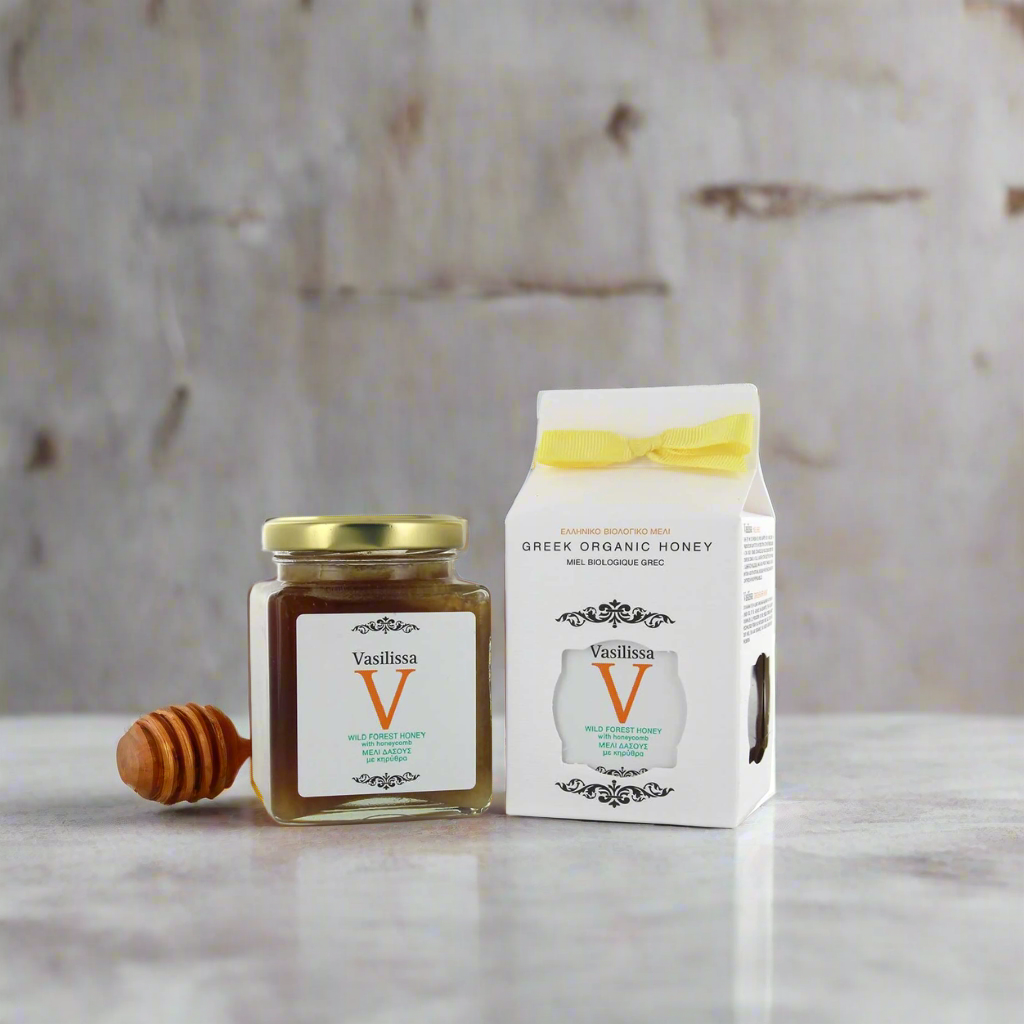 Biologische wilde woudhoning met honingraat 250g Griekenland Vasilissa (vloeibaar)