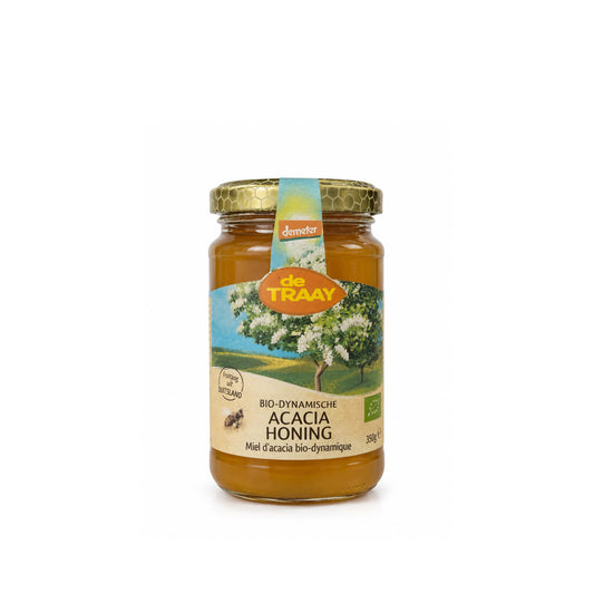 Biologische dynamische demeter acaciahoning 350g Duitsland de Traay (vloeibaar)