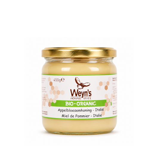Biologische appelbloesemhoning Italië 450g Weyn's (crème)